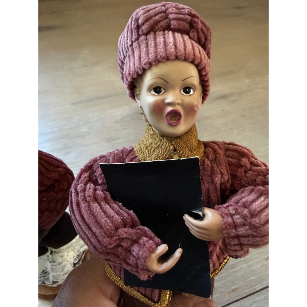 Vintage Style Christmas Caroler Figurines Set - 2 Mauve Corduroy Victorian Decor